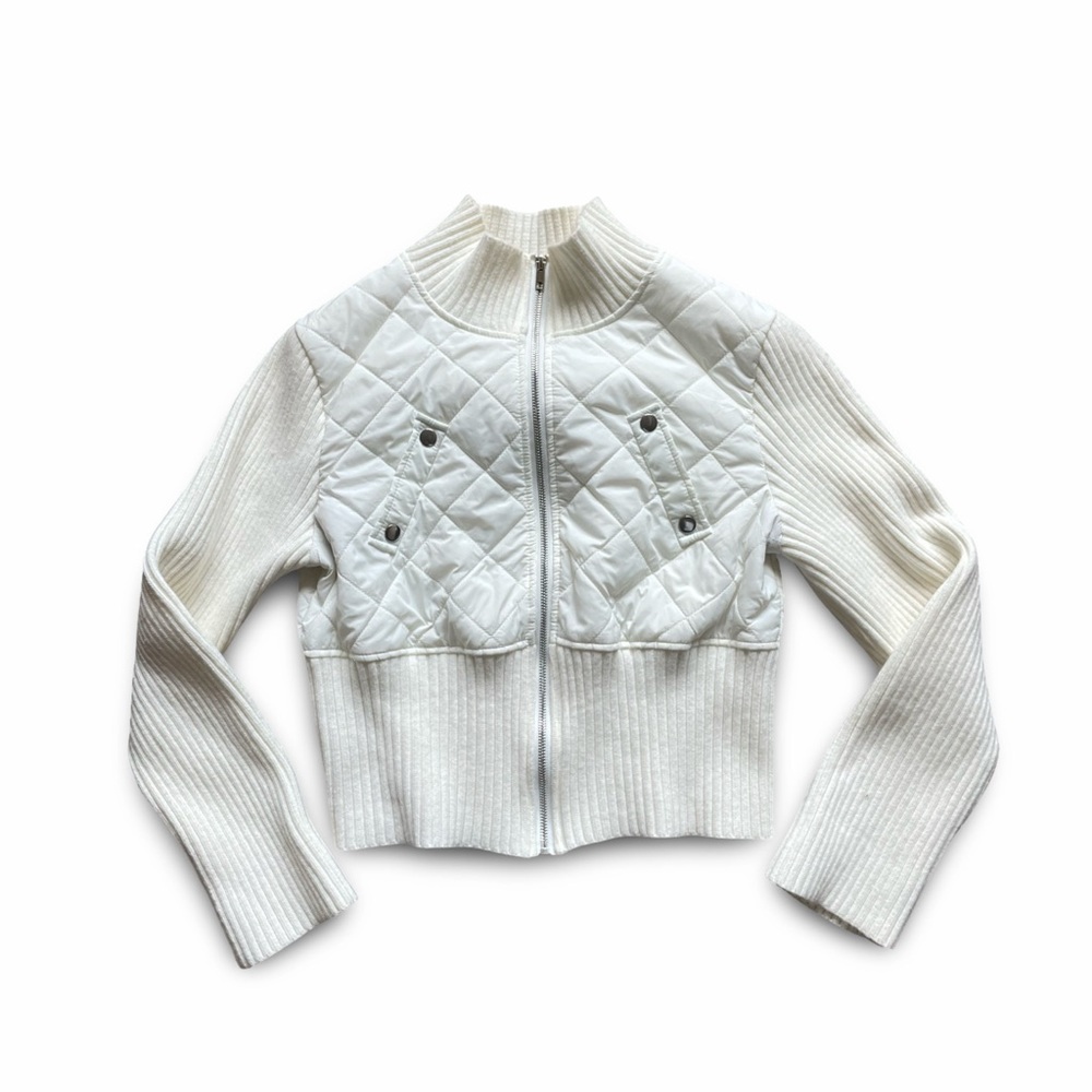 White Quilted Zip-Up Sweater